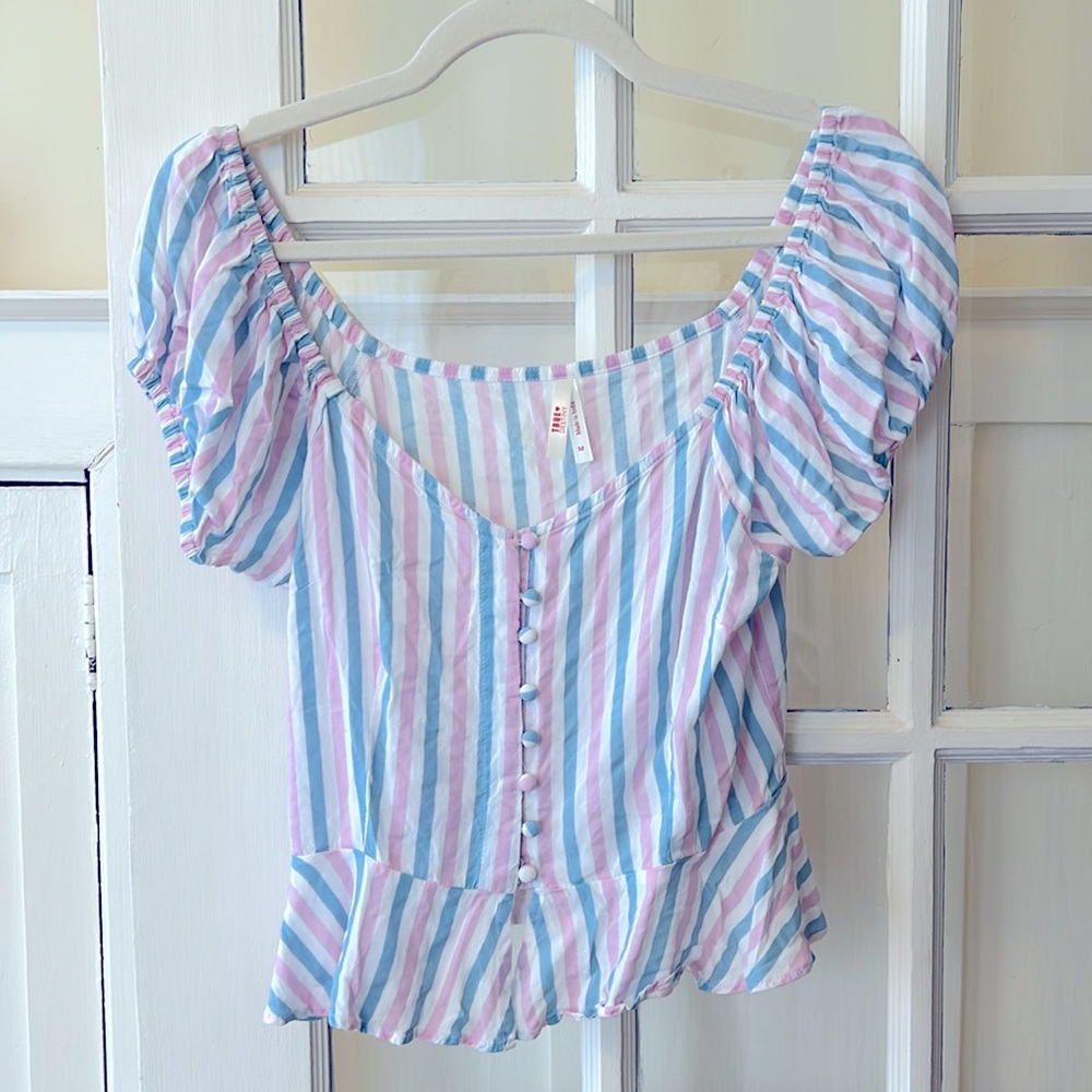 cottagecore siren peasant frill button blouse, white blue pink COPY, eclectic